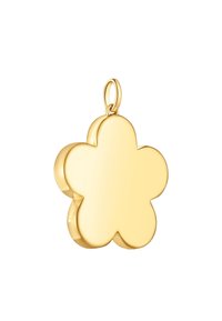 Ciondolo d'oro a forma di fiore con superficie liscia e lucida. Presenta petali curvi e un anello superiore per il collegamento.