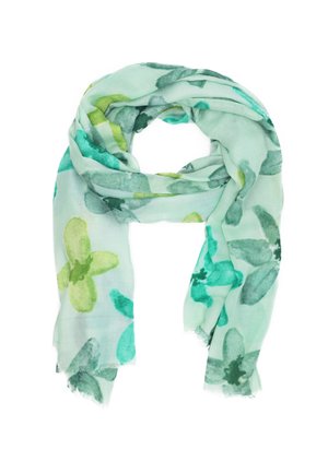 Sciarpa leggera in tessuto traslucido, caratterizzata da un motivo floreale in tonalità di verde e teal su uno sfondo verde menta pallido, con bordi sfrangiati.