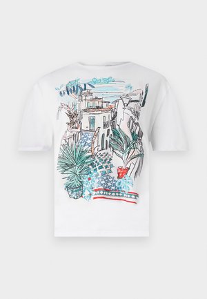 Tricou din bumbac alb cu o ilustrație colorată a unei scene mediteraneene, cu plante, clădiri și plăci decorative. Mâneci scurte.