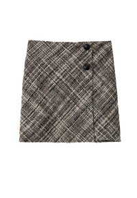 Jupe évasée à carreaux gris et noirs avec deux boutons noirs sur le côté droit devant, tissu texturé et ourlet droit.