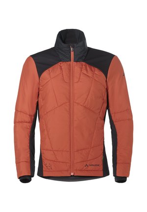 Rode en zwarte geïsoleerde jas met een hoge kraag, doorgestikt ontwerp, vooraan een rits en elastische boorden. Heeft een logo op de zoom.