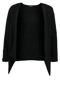 Černý kardigan bez zapínání s dlouhými rukávy, měkkou texturou, volným designem a šikmým lemem. Bez zapínání; casual, minimalistický styl.