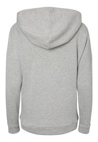 Sudadera gris con una textura suave, que cuenta con capucha, corte holgado, puños y dobladillo acanalados. La parte trasera es lisa sin detalles adicionales.
