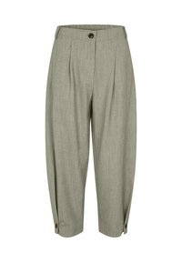 Pantaloni culotte in lino grigio chiaro con vestibilità morbida, pieghe frontali e un piccolo dettaglio con bottone alla caviglia. Texture liscia.