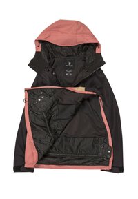 Veste à capuche noire et rose poussiéreux avec devant partiellement ouvert révélant une doublure en mesh et tissu, étiquette de la marque Volcom visible à l'intérieur.