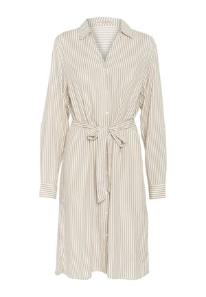 Beige en wit gestreepte jurk met kraag, knopen aan de voorkant en een strikrok. Heeft lange mouwen met knopenmanchetten. Glad stoftextuur.