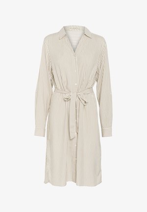 Beige og hvid stribet skjortekjole med krave, knaplukning foran og en bundet talje. Har lange ærmer med knapmanchetter. Glat stofstruktur.