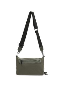 Borsa a tracolla verde in nylon con tracolla nera regolabile, dotata di una tasca frontale con zip e una texture elegante e liscia.