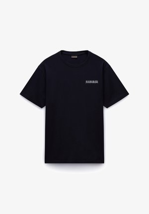 T-shirt en coton marine à manches courtes, col rond, avec un petit logo de marque blanc sur la poitrine gauche. Texture lisse, coupe standard.