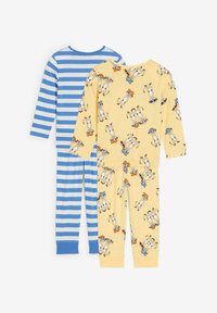 Set di due pigiami per bambini: uno a righe blu e bianche; l'altro giallo con scimmiette nei cartoni animati. Tessuto di cotone, maniche lunghe, polsini elastici.