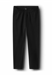 Pantalons noirs à taille élastique avec un design épuré, fabriqués en tissu doux et lisse. Jambes longues sans motifs ni accents visibles.