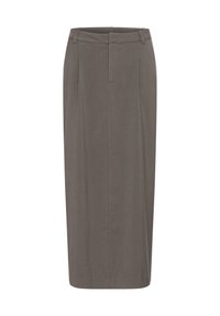 Gray pencil skirt with a straight silhouette, featuring front pleats, a waistband, and smooth texture. No visible fastenings or pockets.