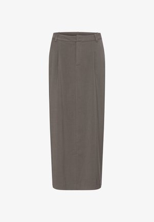 Grauer Bleistiftrock mit gerader Silhouette, der vorne Falten, einen Bund und eine glatte Textur aufweist. Keine sichtbaren Verschlüsse oder Taschen.