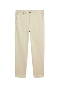 Chinos en coton beige avec une coupe droite, des poches avant, une fermeture à bouton et une finition légèrement texturée. Pas de motifs ou d'accents visibles.