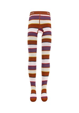 Striped leggings with horizontal wide stripes in orange, purple, white, and yellow hues on a white background.