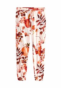 Lichte, crème-kleurige broek met een elastische tailleband, voorzien van een bloempatroon in tinten rood, oranje en bruin.