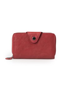 Red leather wallet featuring a textured finish, a snap closure, and a zippered edge. The design is rectangular with a compact shape.