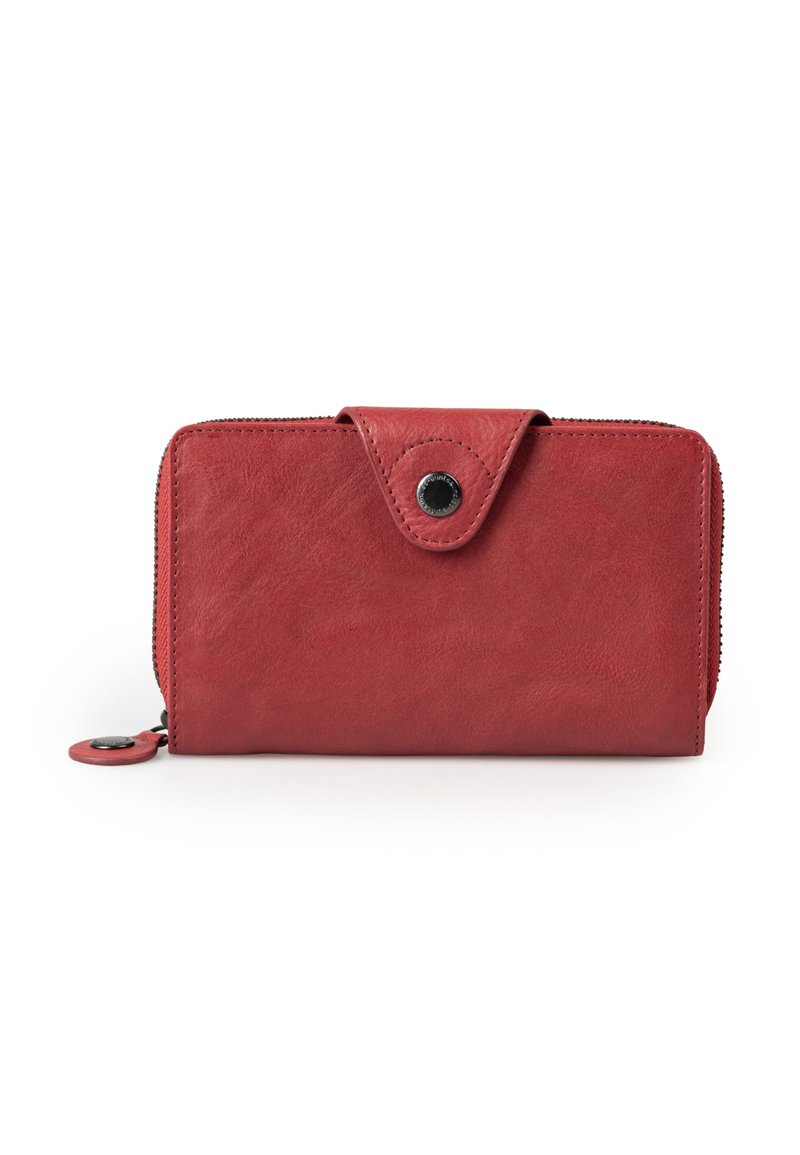 Red leather wallet featuring a textured finish, a snap closure, and a zippered edge. The design is rectangular with a compact shape.