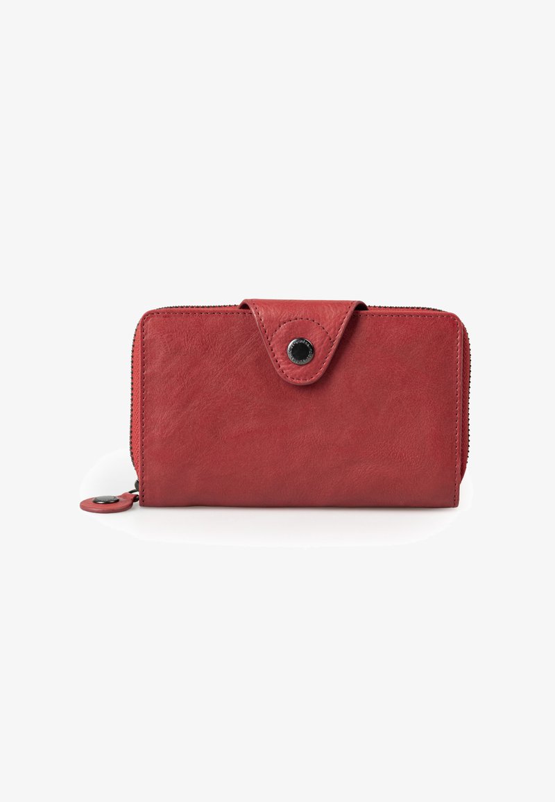 Red leather wallet featuring a textured finish, a snap closure, and a zippered edge. The design is rectangular with a compact shape.