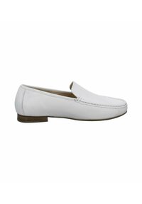 White leather loafers featuring a rounded toe, stitched detailing along the seam, and a low heel. Smooth texture with a slip-on design.