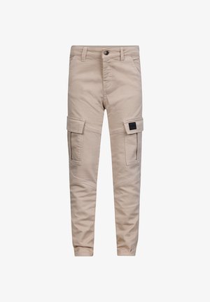 Pantaloni cargo beige chiaro con multiple tasche laterali, design aderente e tessuto testurizzato con dettagli di cuciture in contrasto.