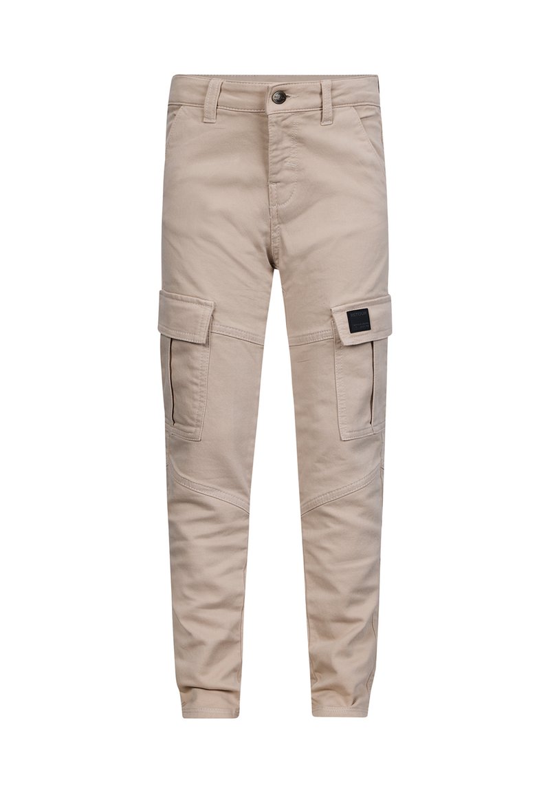 Pantaloni cargo beige chiaro con multiple tasche laterali, design aderente e tessuto testurizzato con dettagli di cuciture in contrasto.