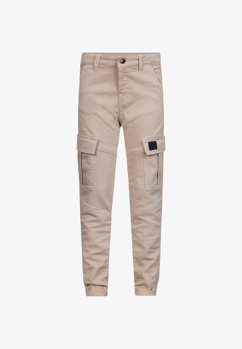 Jasne beżowe spodnie cargo z wieloma bocznymi kieszeniami, dopasowanym krojem oraz teksturowanym materiałem z kontrastowymi przeszyciami.