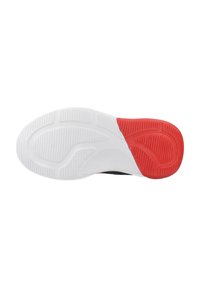 Suola della scarpa caratterizzata da una combinazione di colori rosso e bianco, con gomma testurizzata per la presa e scanalature per la flessibilità. Forma arrotondata con un'area del tallone distintiva.