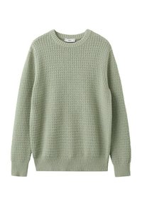 Light green knitted crew neck sweater with textured waffle pattern and ribbed cuffs and hem.