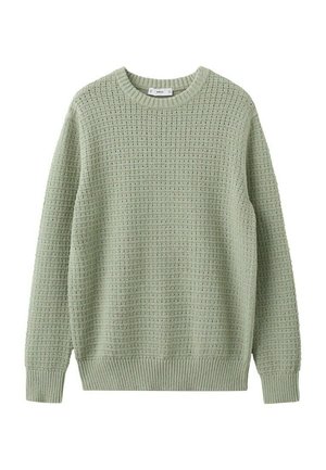 Pull vert clair en maille avec col ras du cou, motif gaufré texturé et poignets et ourlet côtelés.