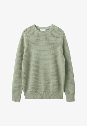 Pull vert clair en maille avec col ras du cou, motif gaufré texturé et poignets et ourlet côtelés.
