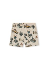 Pantaloni da bagno beige con stampa tropicale che include palme, cactus e auto d'epoca, fascia elastica in vita per il comfort e una texture leggera.