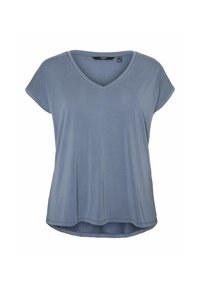 Top grigio blu a maniche corte con scollo a V realizzato in tessuto liscio, caratterizzato da una vestibilità comoda e orlo dolcemente curvato nella parte inferiore.