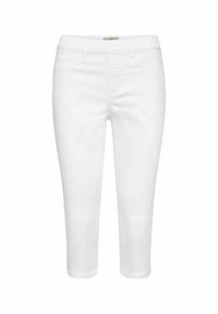 Baltas īsās džinsas, izgatavotas no kokvilnas maisījuma auduma, ar priekšējo rāvējslēdzēju, piecu kabatu dizainu un gludu, tīru apdari.