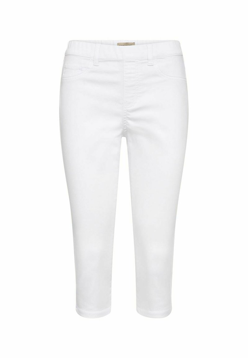 Baltas īsās džinsas, izgatavotas no kokvilnas maisījuma auduma, ar priekšējo rāvējslēdzēju, piecu kabatu dizainu un gludu, tīru apdari.