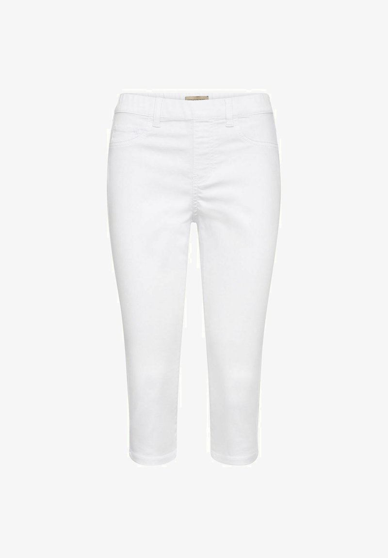 Baltas īsās džinsas, izgatavotas no kokvilnas maisījuma auduma, ar priekšējo rāvējslēdzēju, piecu kabatu dizainu un gludu, tīru apdari.