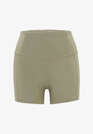 Olivově zelené kraťasy s vysokým pasem a přiléhavým střihem, vyrobené z elastické látky. Mají ploché švy a malé logo na levé straně.