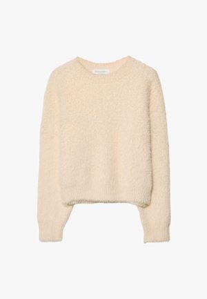 Maglione a maglia morbida di colore crema, con scollo rotondo, maniche lunghe e un fit corto. Texture soffice con polsini e orlo a costine.