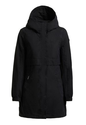 Parka nera lunga da donna con cappuccio, polsini elasticizzati, chiusura frontale nascosta e tasche laterali.