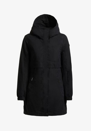 Parka nera lunga da donna con cappuccio, polsini elasticizzati, chiusura frontale nascosta e tasche laterali.