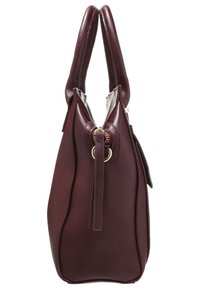 Borsa in pelle bordeaux con texture liscia, dotata di doppie maniglie arrotondate e chiusura con zip caratterizzata da un dettaglio in hardware dorato.