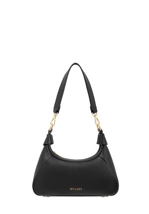 Schwarze RYŁKO Handtasche mit goldfarbenen Verschlüssen, kurzem Tragegurt und geschwungener rechteckiger Form.
