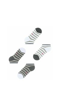 Enkel sokken in grijs, wit en zwart met gestreepte patronen. Beschikt over een solide hiel en teen, met een roze logo accent op één sok.