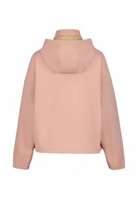 Hellrosa, oversized Jacke mit Kapuze, ausgestattet mit elastischen Bündchen und einer glatten Textur. Das Innenfutter hebt einen kontrastierenden gelben Kragen hervor.