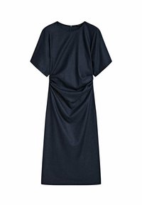 Dunkelblaues, knielanges Kleid aus weichem Stoff. Mit einem runden Ausschnitt, kurzen Ärmeln und gerafften Details an der Seite.