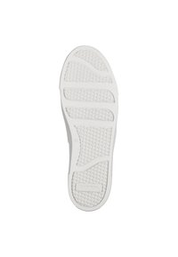 Semelle de chaussure en caoutchouc blanc avec un motif de grip texturé et des indentations en forme de vagues. Marquée "37" et avec le nom de la marque sur le côté.