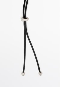 Black leather cord with a metallic oval bead slider and two rounded end caps. Simple design, smooth texture, and adjustable length.