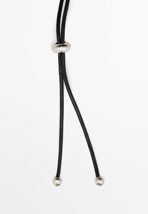 Black leather cord with a metallic oval bead slider and two rounded end caps. Simple design, smooth texture, and adjustable length.