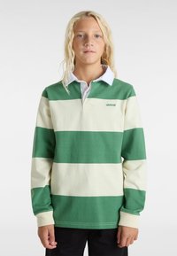 Groene en witte gestreepte lange mouwen polo met een witte kraag. Heeft een klein logo op de borst. Zacht, gestructureerd katoen.
