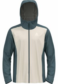Men's waterproof jacket in teal and cream, featuring a hood, full zipper, and smooth texture with contrast panels and logo accent.